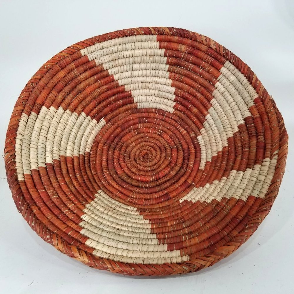 Hand Woven Basket Bowl Round Coil Sun Swirl Brown Natural Table Wall Decor18"
